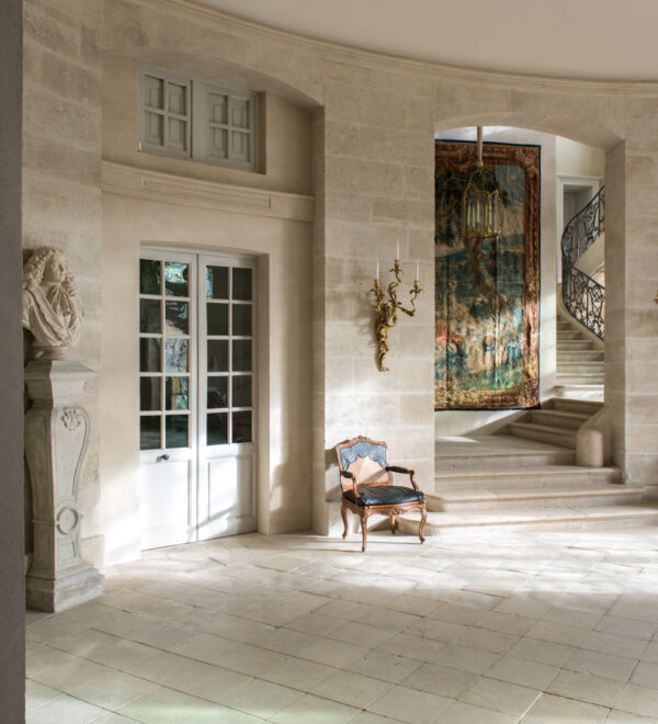 Chateau de Vilette historic estate France Paris available for hire event venue for private dinner party ground floor entry hall staircase tapestry