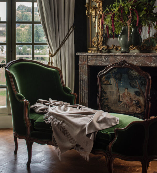 Chateau de Villette luxurious historic property exclusive rentals France Paris best accommodation luxury suite green bedchamber interior decor Louis XV duchesse seat fireplace guest relax area