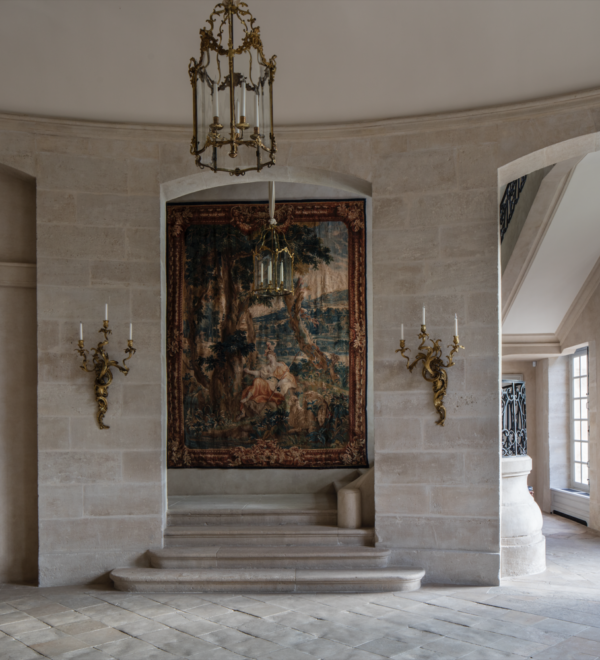 Chateau de Villette luxury accommodation exclusive rentals event venue superb limestone entry hall tapestry
