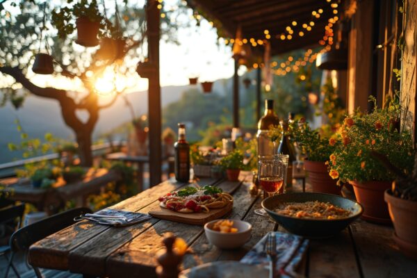 Cozy outdoor café summer terrace overlooking picturesque Italian landscape illuminated by warm evening sunlight. Close-up of rustic wooden table with a plate of Spaghetti and a glass of white wine SSUCv3H4sIAAAAAAAACnSSy07DMBBF90j8Q+R1I5Lm0ZY1YodgX7GY2Kax4noqP4pQ1X/HjuNiJNhlzlzfeeVyf1cUZAAjKHksLiHysZDSGavBClQe16uFa64Y155UiZx101c5AJE/4ExY1AJkDgewdFRw5B4qJ2XA1zlJjAXrDDehlwVRsPzgPSK8WcSG9zEuUmJO+hc+RZ4RWQGKFU9aqImsMoVxQ1KQhGO5f7zeQE/m4dVZhqj/snoRhnIpQXF05sczfrzflnPgin7Nw2VDay45xKH3UUqmT8v1MV8DOCYw28AZKcggaDInECfQ8OvdSQsq1CEjaMf5hsmJolNWh65ImoxIxBMMMlzow5fhiY9gjJezxLPa1P8xeMzqKLTzTIsrYf6QIaybpqv79bat+mZTt329XgTx+KPwPnM7ycjHdBIsn0qEDkjbDf2wYbsSdpSXbdXycrfpoay21aZu6qrtus7f4voNAAD//wMA3nko6eUCAAA=